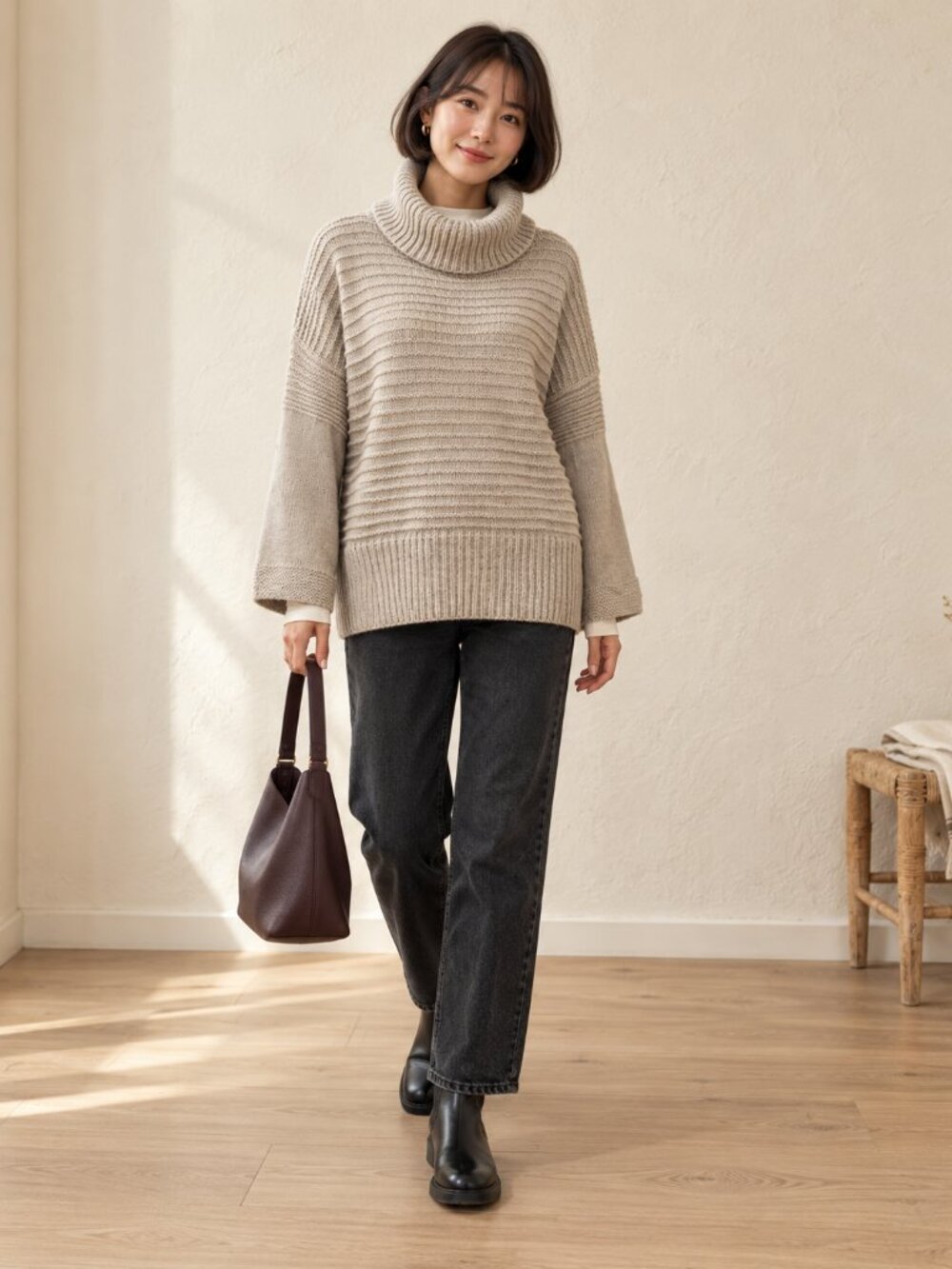 Aggel knitwear sweater wool alpaca beige SZ L bell sleeves cowl neck